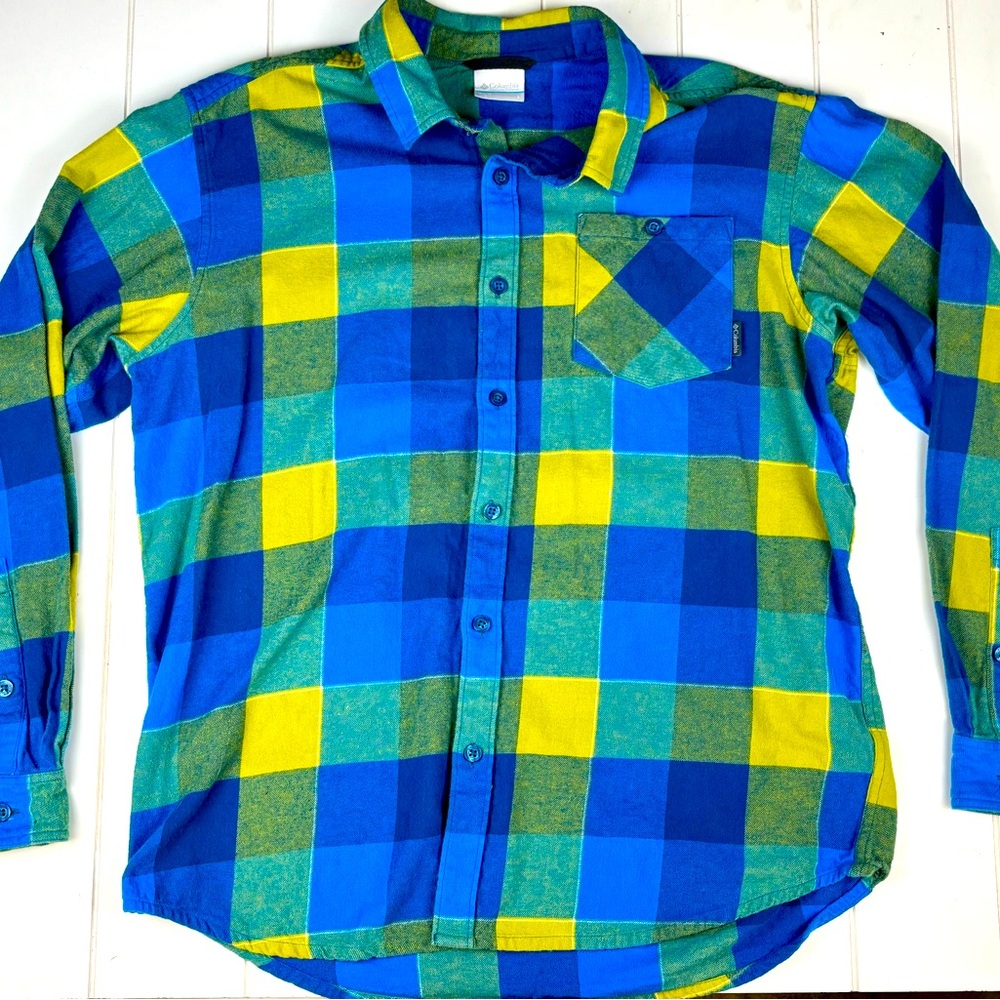 Columbia Blue Yellow Checkered Plaid Flannel Shirt Size Large
